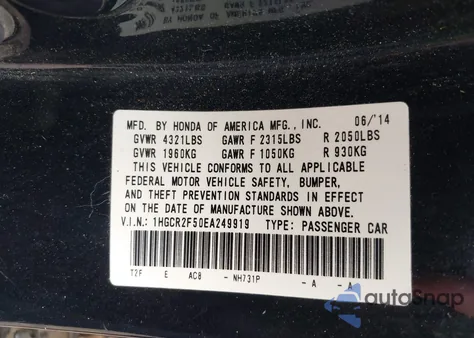 2014 Honda Accord Sport из США, поврежденный, VIN 1HGCR2F50EA249919